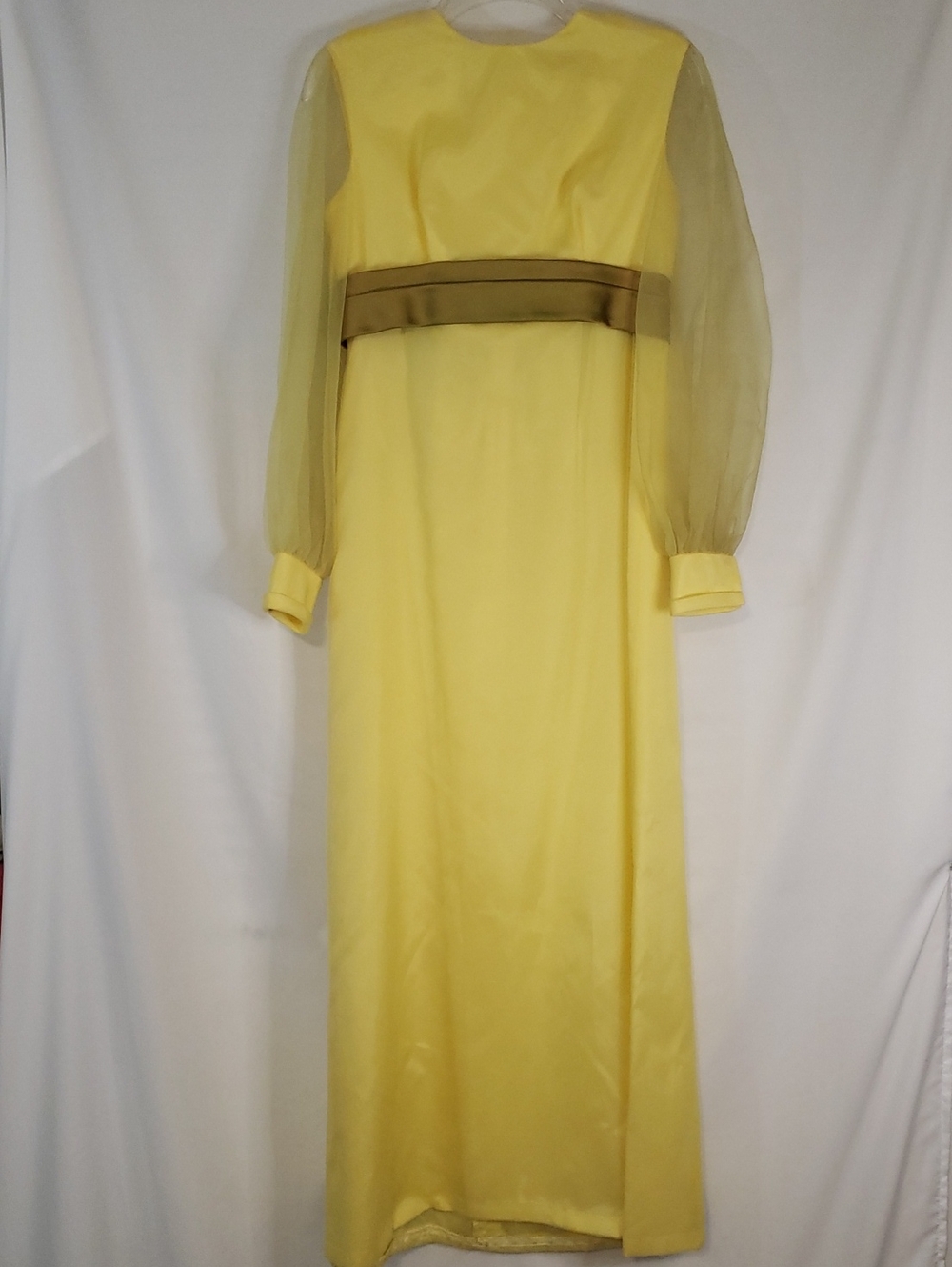 Vintage Lorrie Deb Yellow Dress with Chiffon Sleeves Green Sash & Bow